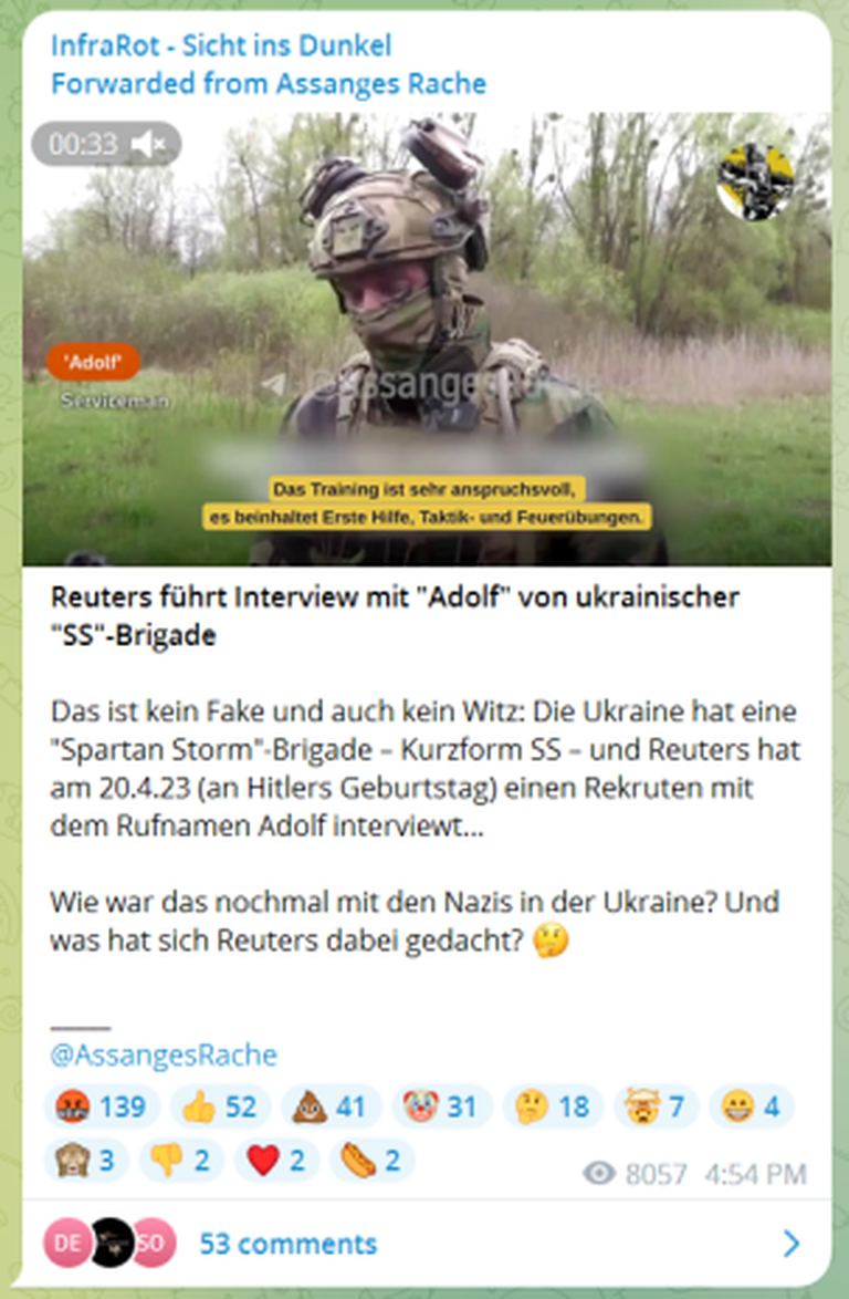 Публикация Telegram-канала InfraRot Medien - Sicht ins Dunkel от 23.04.2023: «Reuters проводит интервью с «Адольфом» из украинской бригады СС».