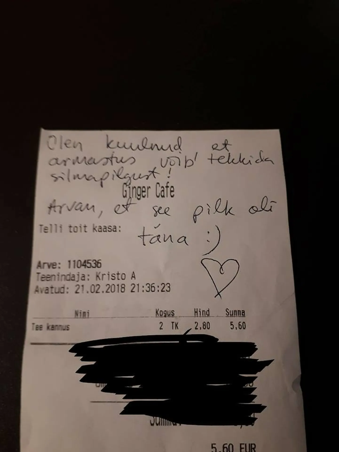 Kliendi jäetud tšekk