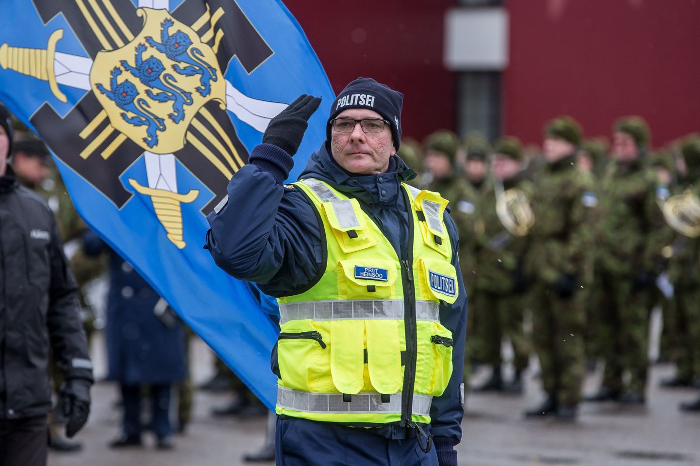 Tallinn, 23.02.2017.
Paraadi proov Sisekaitseakadeemia territooriumil.
Politsei, lipp.
FOTO:SANDER ILVEST/POSTIMEES