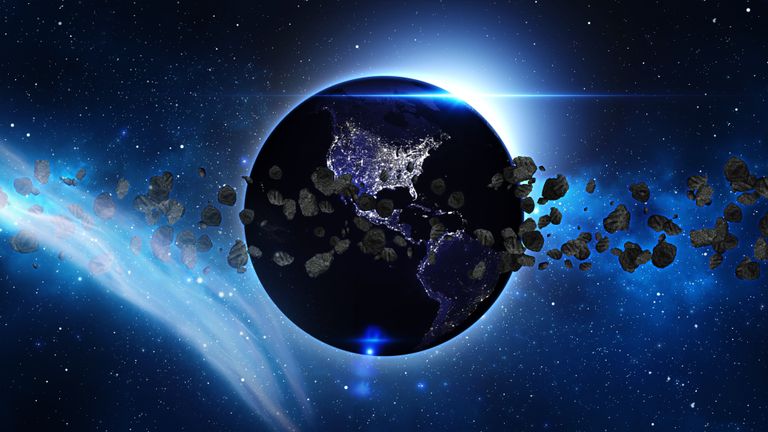 NASA arvutijoonistus Maast ja Maa-lähedastest asteroididest
