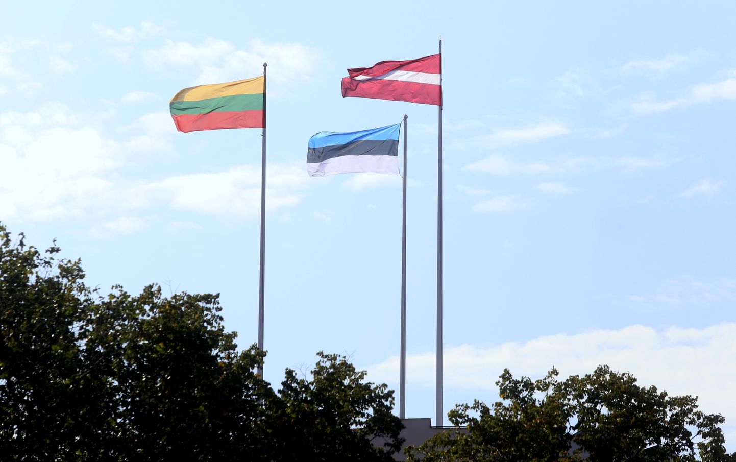 Baltijas valstu - Lietuvas, Igaunijas un Latvijas - karogi plīvo Rīgas pils Svētā gara tornī par godu Baltijas ceļa 30. gadadienai.