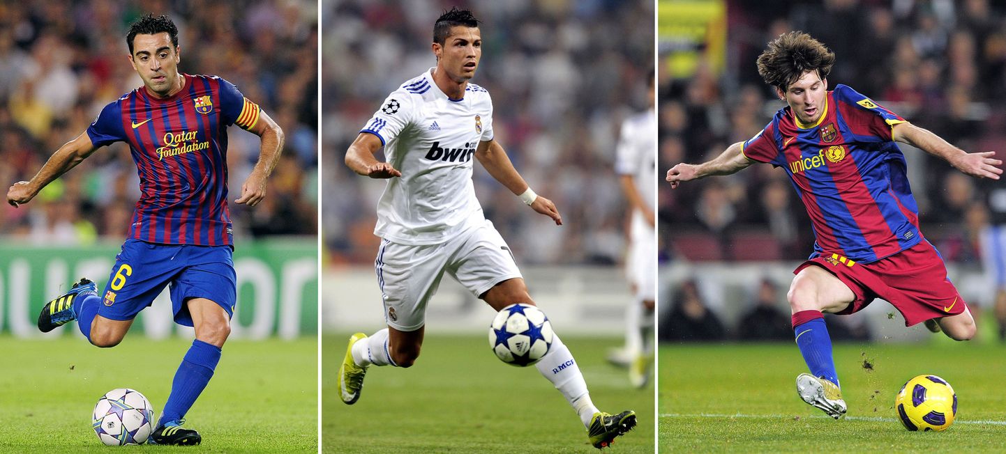 Xavi (vasakult), Cristiano Ronaldo ja Lionel Messi.