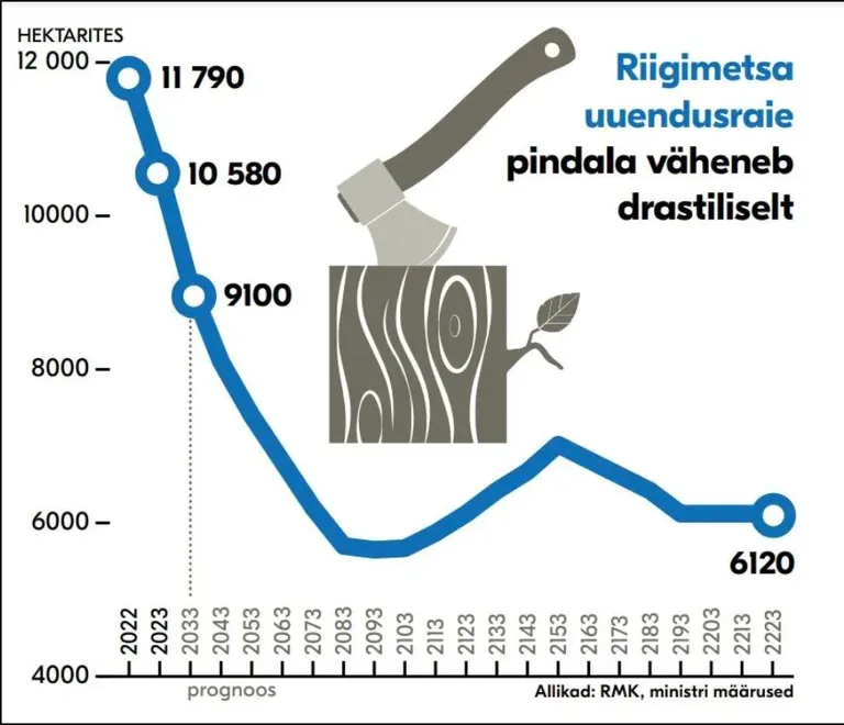 Riigimetsa raiemaht kukub hüppeliselt metsa nö etteraiumise tõttu viimasel kümnendil.