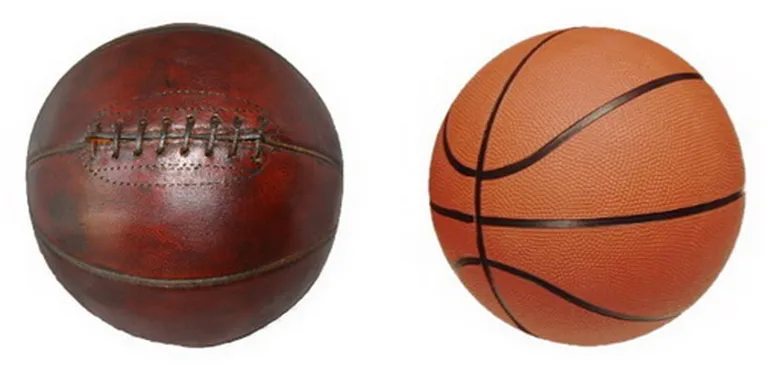 Basketbola bumba toreiz (pa kreisi) un tagad 