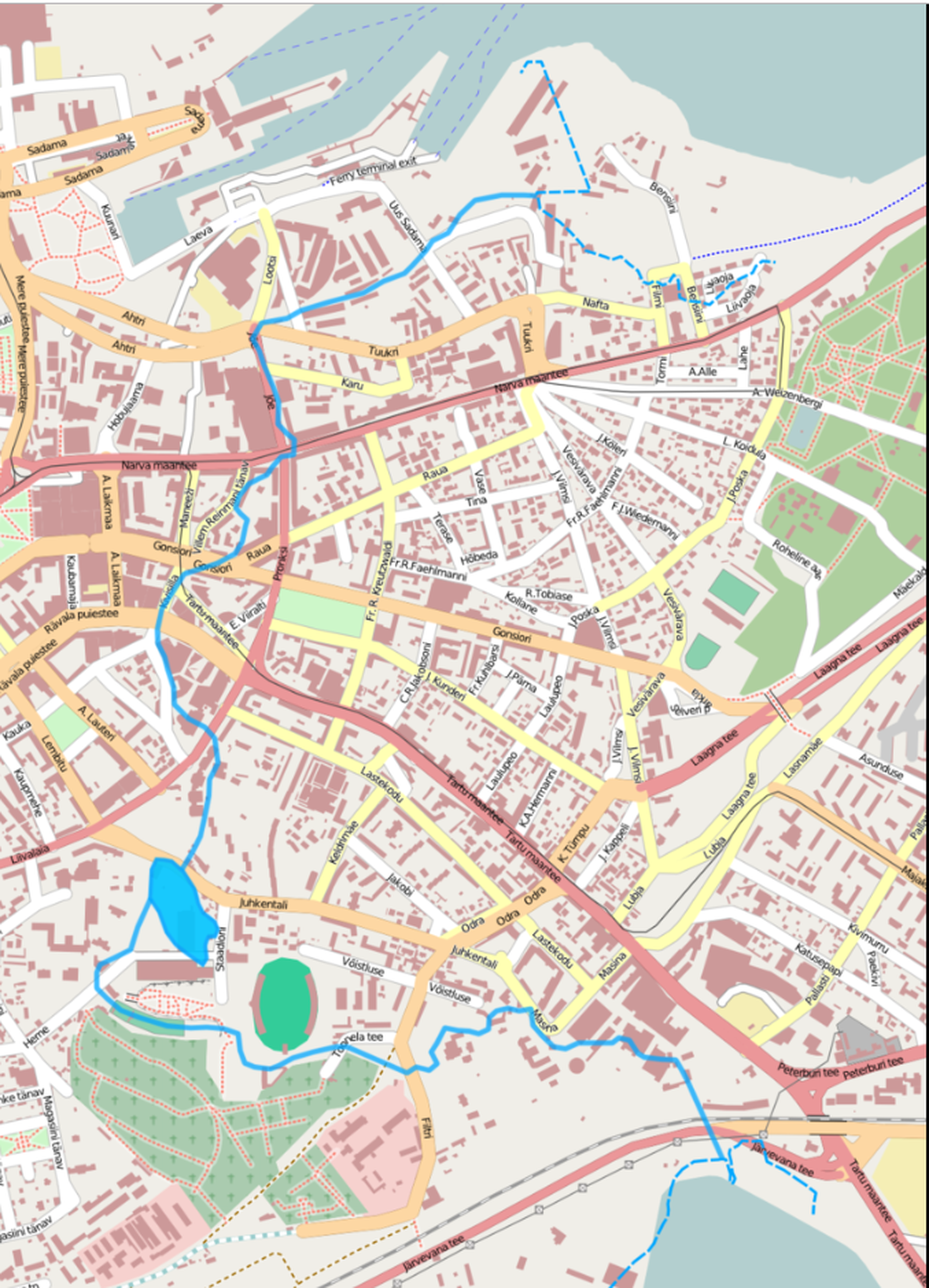 Изображение русла речки Харьяпеа на карте современного Таллинна.