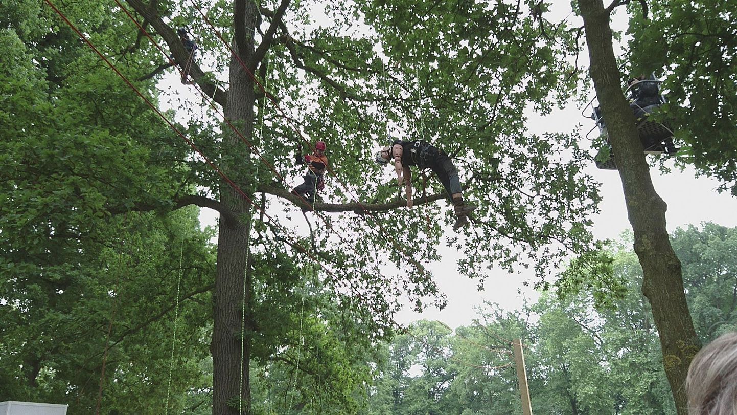 Päästeülesande käigus tuli Andrus Kokerovil (pildil) puu otsast alla tuua elektriliine imiteerinud trosside kohale riputatud nukk.