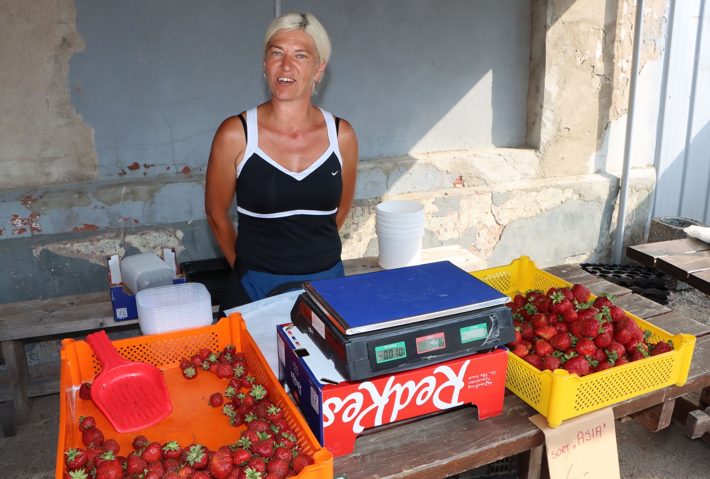 Torma maasikatega kauplev Piia eelistab ise "Asiat" "Sonatale", aga ostjaid jagub mõlemale sordile.