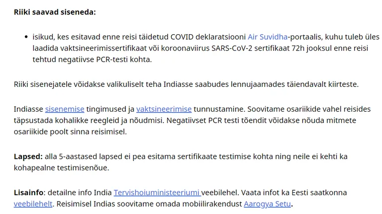 Indiasse sisenemise tingimused Eesti välisministeeriumi andmetel.
