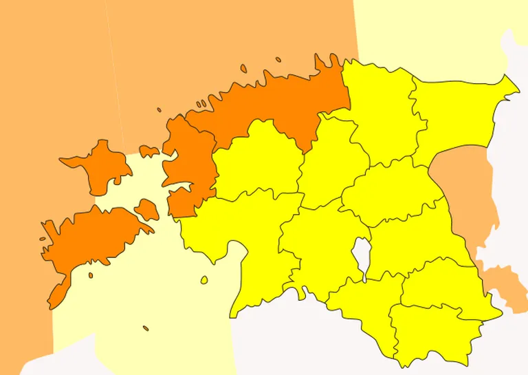 Kollane tähendab esimese taseme hoiatust, oranž teise astme hoiatust. Allikas: Ilmateenistus