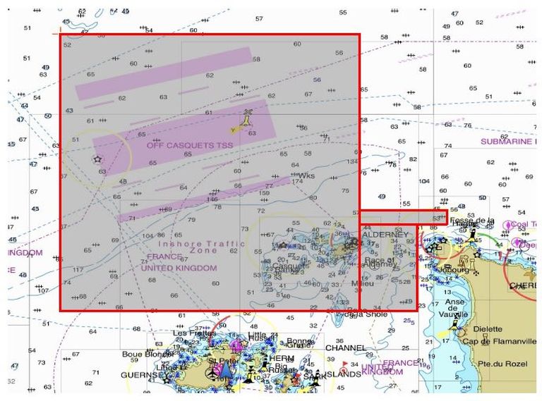Merekaart, millel on märgitud alad Briti Guernsey saare juures, kus kadunud lennukit otsitakse