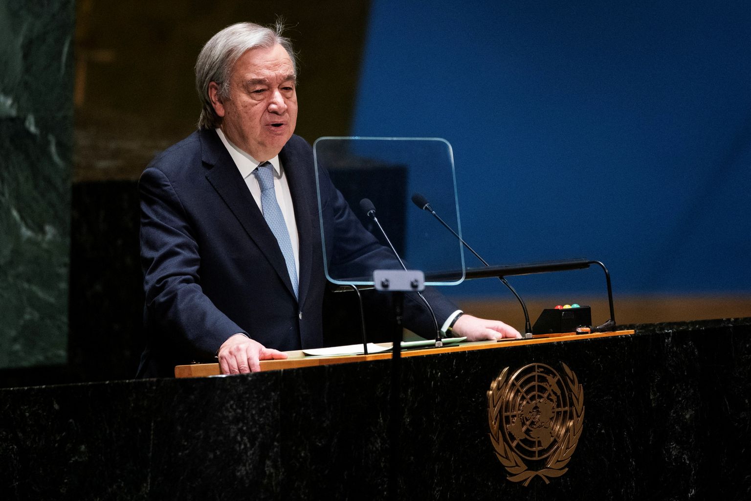 Peasekretär Antonio Guterres ÜRO peaassamblee ees sõna võtmas, 29. märts 2023.