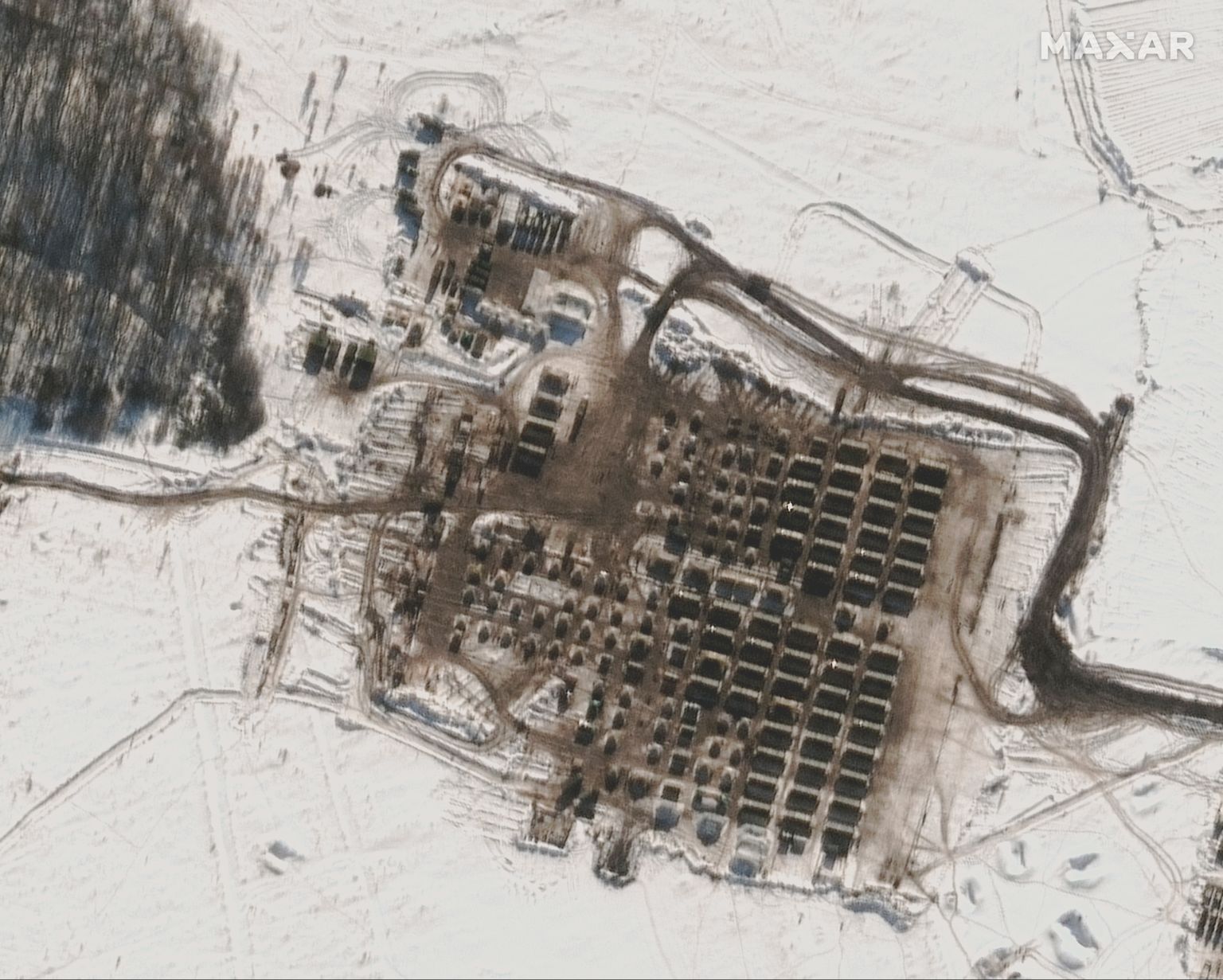 Maxar Technologiese satelliidifoto 9. veebruarist 2022, millel on näha Venemaa sõjamasinaid ja relvastust Kurski lähedal. Kursk asub Ukraina piiri juures