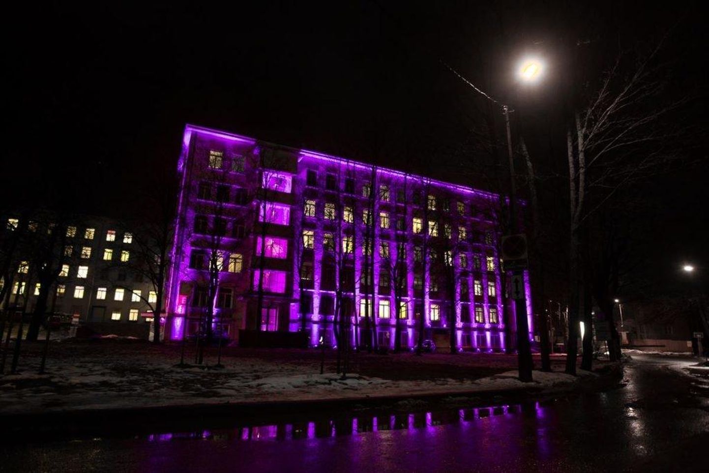 Laupäeval värvuvad enneaegsete laste toetuseks hooned sirelilillaks. Pildil Tallinnas asuv Keskhaigla sünnitusmaja.