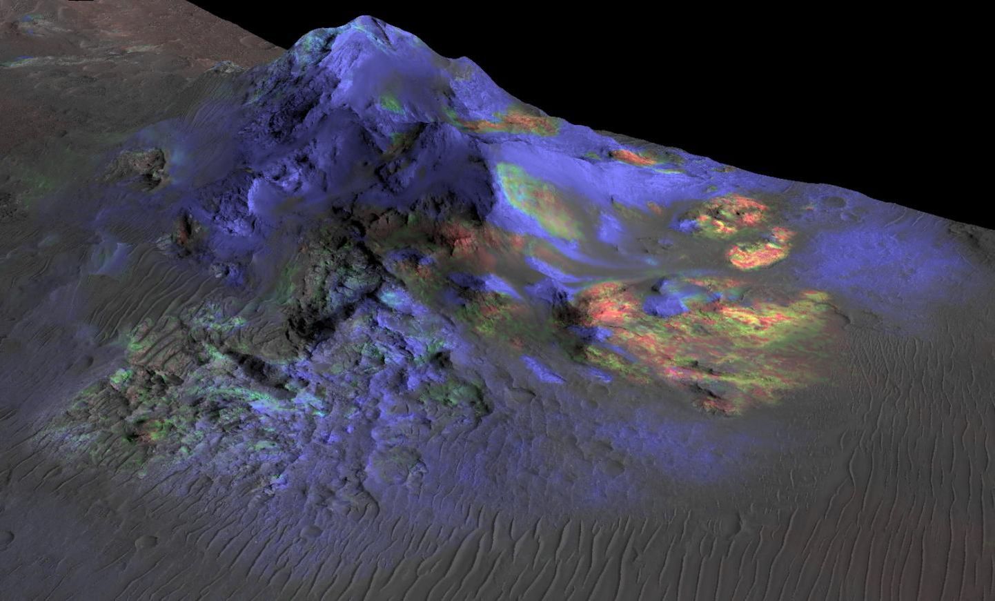Marsil olev Alga kraater - roheline spektrivalgus viitab klaasile