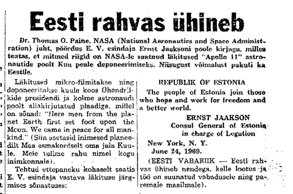 Kuu peal on tänini ka läkitus Eesti rahvalt. Selle trükkis 17. juulil 1969 ära New Yorgis ilmub välis-eestlaste ajaleht Vaba Eesti Sõna.