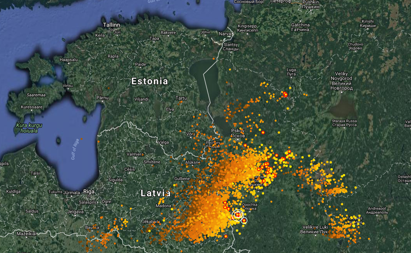 Картина грозы в 8.35. К 9.20 грозовой фронт зацепил Эстонию лишь слегка.