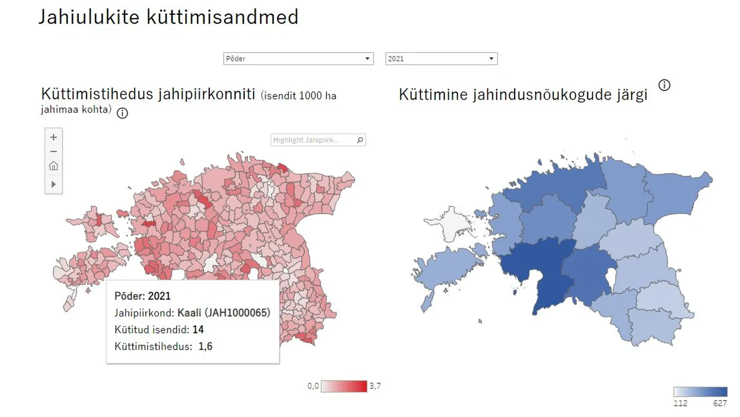 Rakendusest saab ülevaate uluki küttimisest maakondade ja jahipiirkondade kaupa ning koheselt ka trendid aastate lõikes.