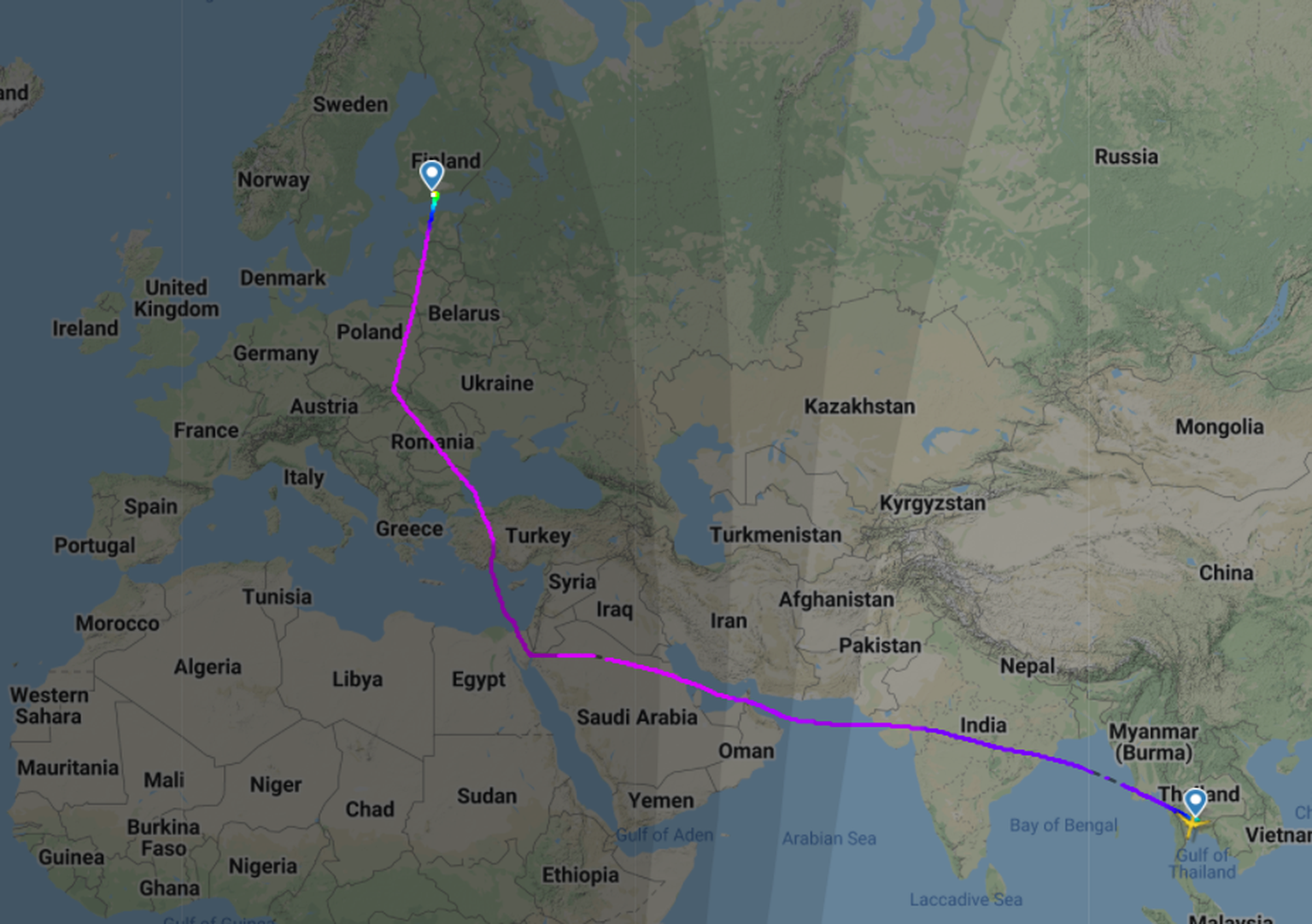 Veebruari viimasel päeval lendas Finnairi Airbus Taist Soome üle Siinai poolsaare.