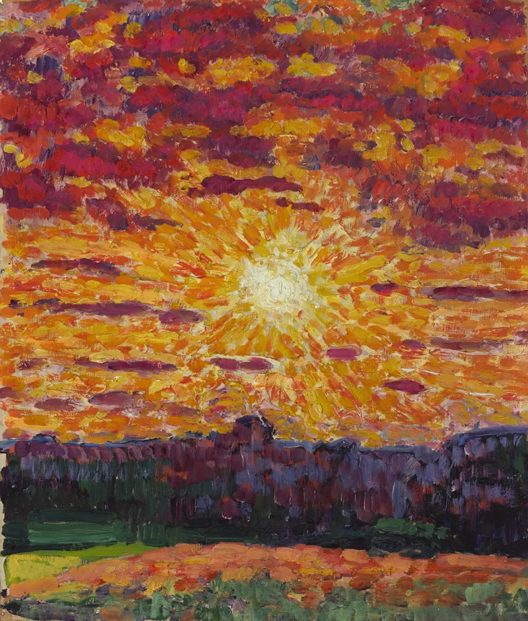 Konrad Mägi, «Maastik päikesega.» 1913–1914.
Õli, papp. 42,5 × 35,7 cm.
Eesti Kunstimuuseum.