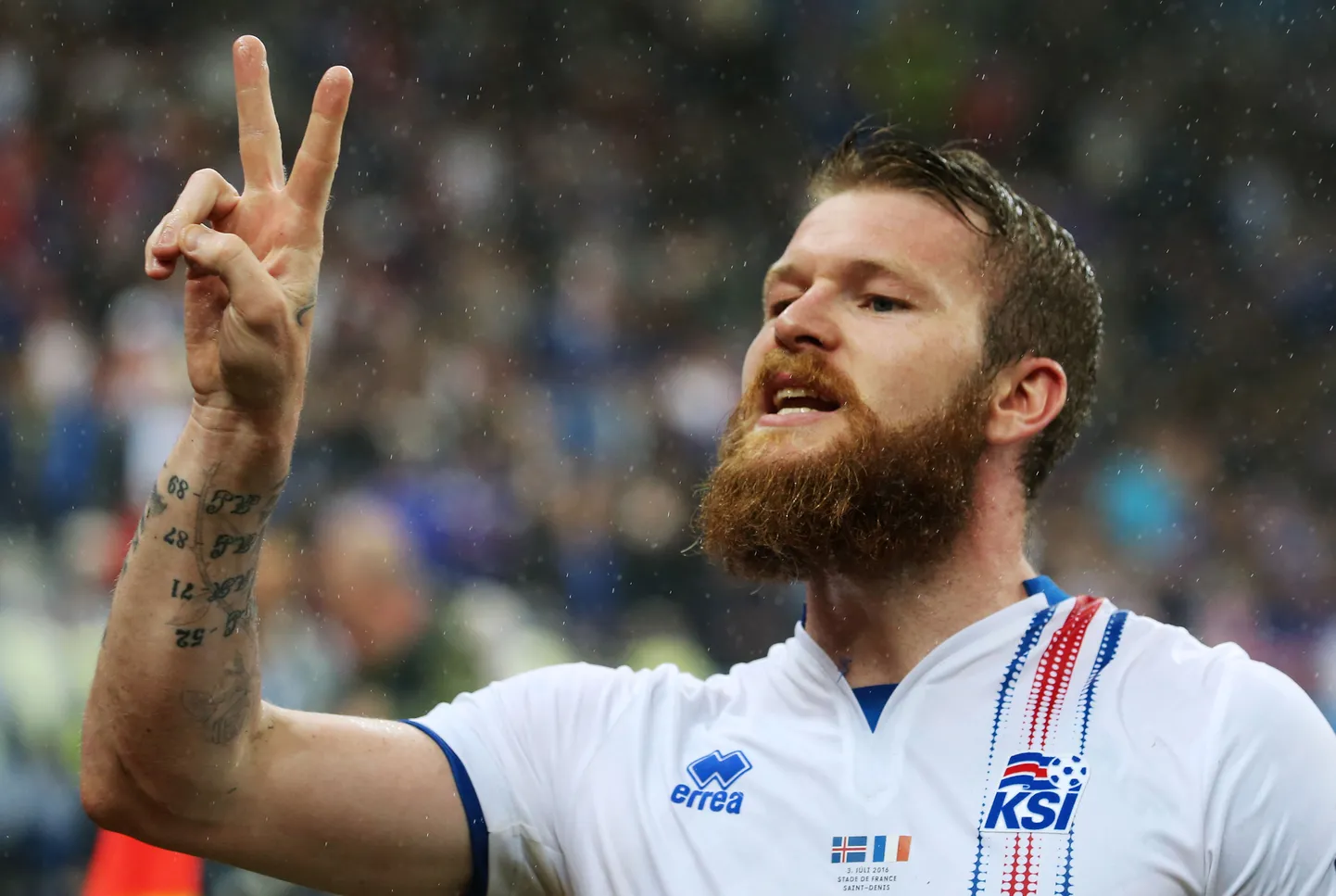 SAINT-DENIS, FRANCE - JULY 3, 2016: Iceland's captain Aron Gunnarsson gestures after their 2016 UEFA European Football Championship quarterfinal match against France at Stade de France. Team France won the game 5-2. Alexander Demianchuk/TASS