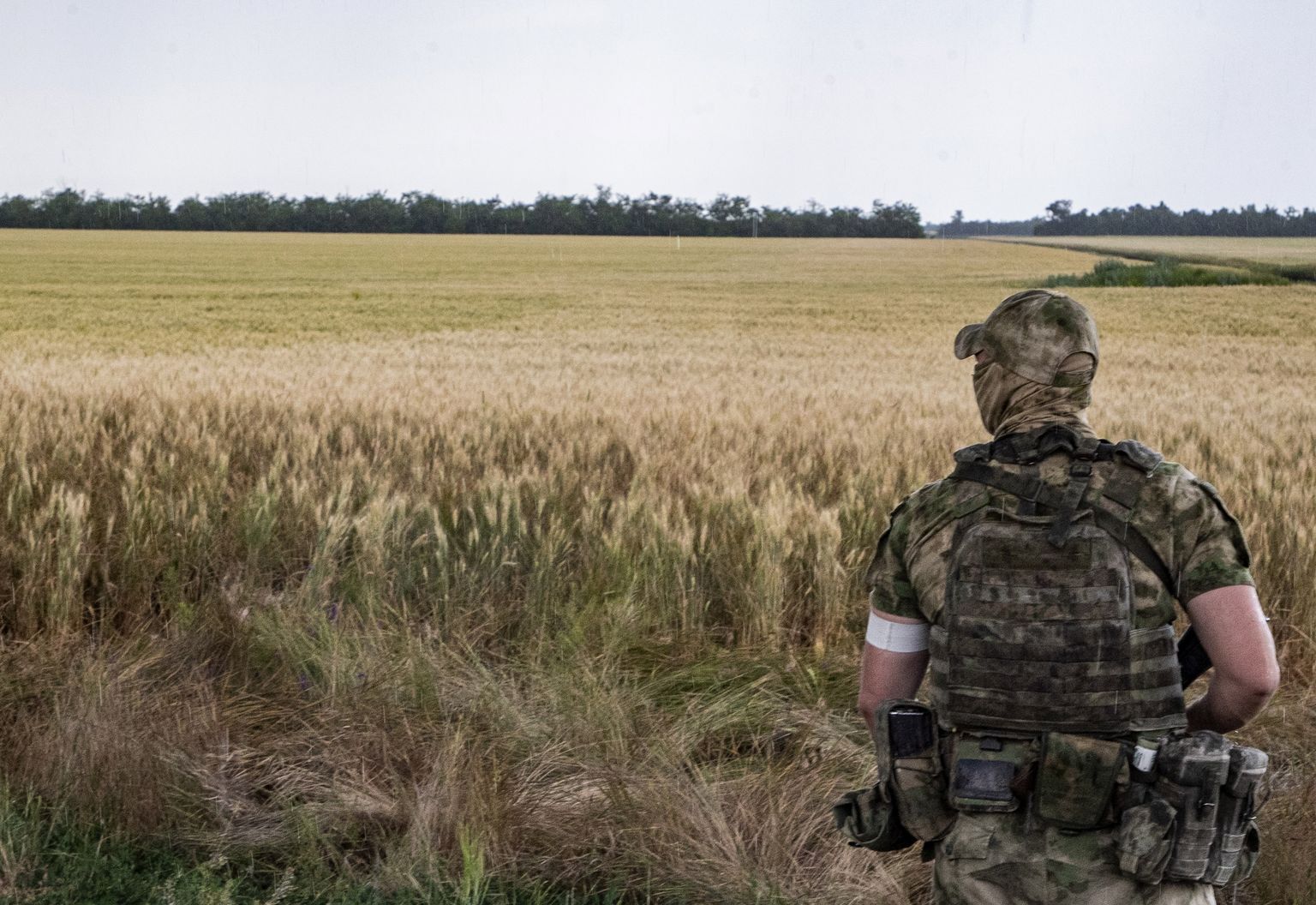 Российский солдат охраняет украинское зерновое поле под Мелитополем в Запорожской области.