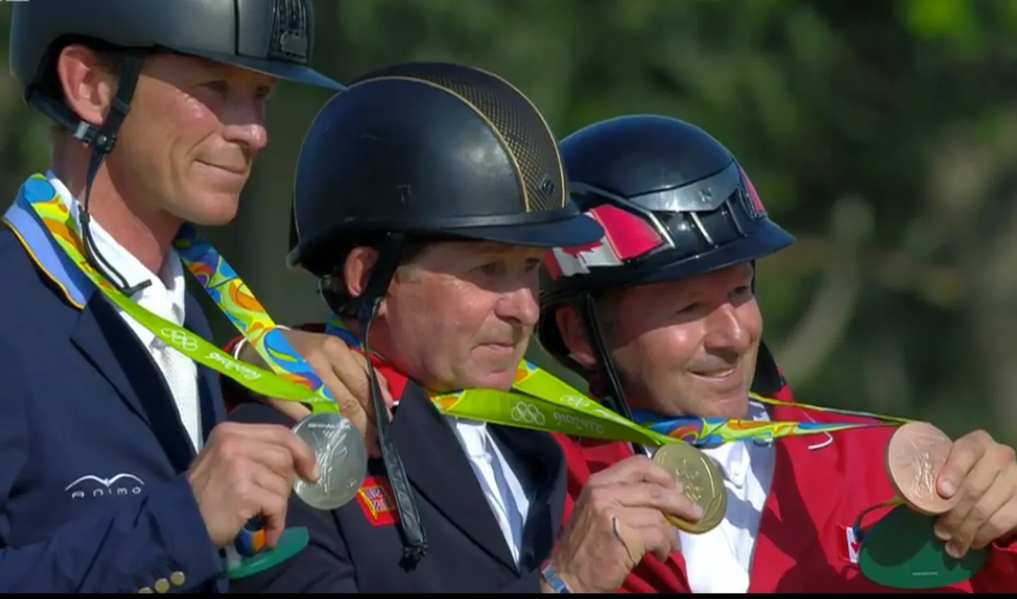 Takistussõidu medalikolmik Rios Peder Fredricson (hõbe), Nick Skelton (kuld),  Eric Lamaze (pronks).