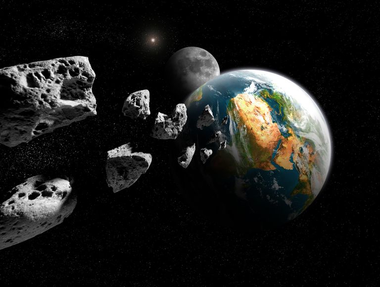 Joonistus, millel on kujutatud asteroide liikumas Maa suunas