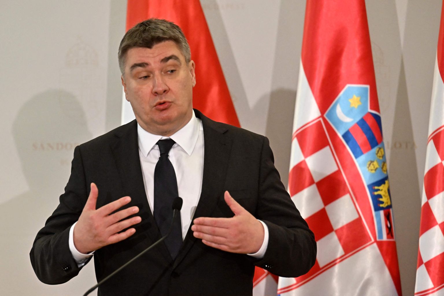Horvaatia president Zoran Milanović  žestikuleerimas 20. jaanuaril 2023 Ungaris Budapestis pressikonverentsil