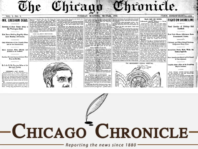 Вверху — настоящая газета Chicago Chronicle, расцвет которой пришелся на конец XIX века. Внизу — логотип сайта фальшивых новостей, который появился в сети несколько месяцев назад.
