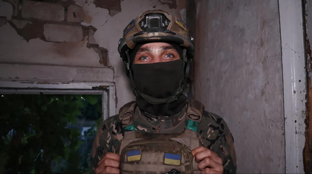 Oleksi, the youngest member of the drone unit we visited, after successful attacks in a shelter.