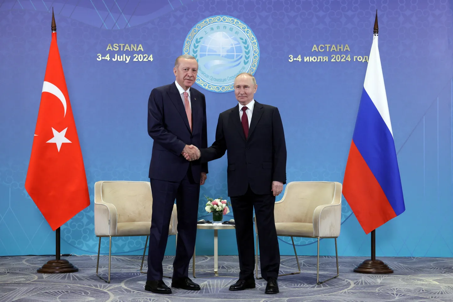 Türgi president Recep Tayyip Erdoğan ja Venemaa riigipea Vladimir Putin Shanghai koostööorganisatsiooni tippkohtumisel Kasahstanis 3. juulil 2024. aastal.