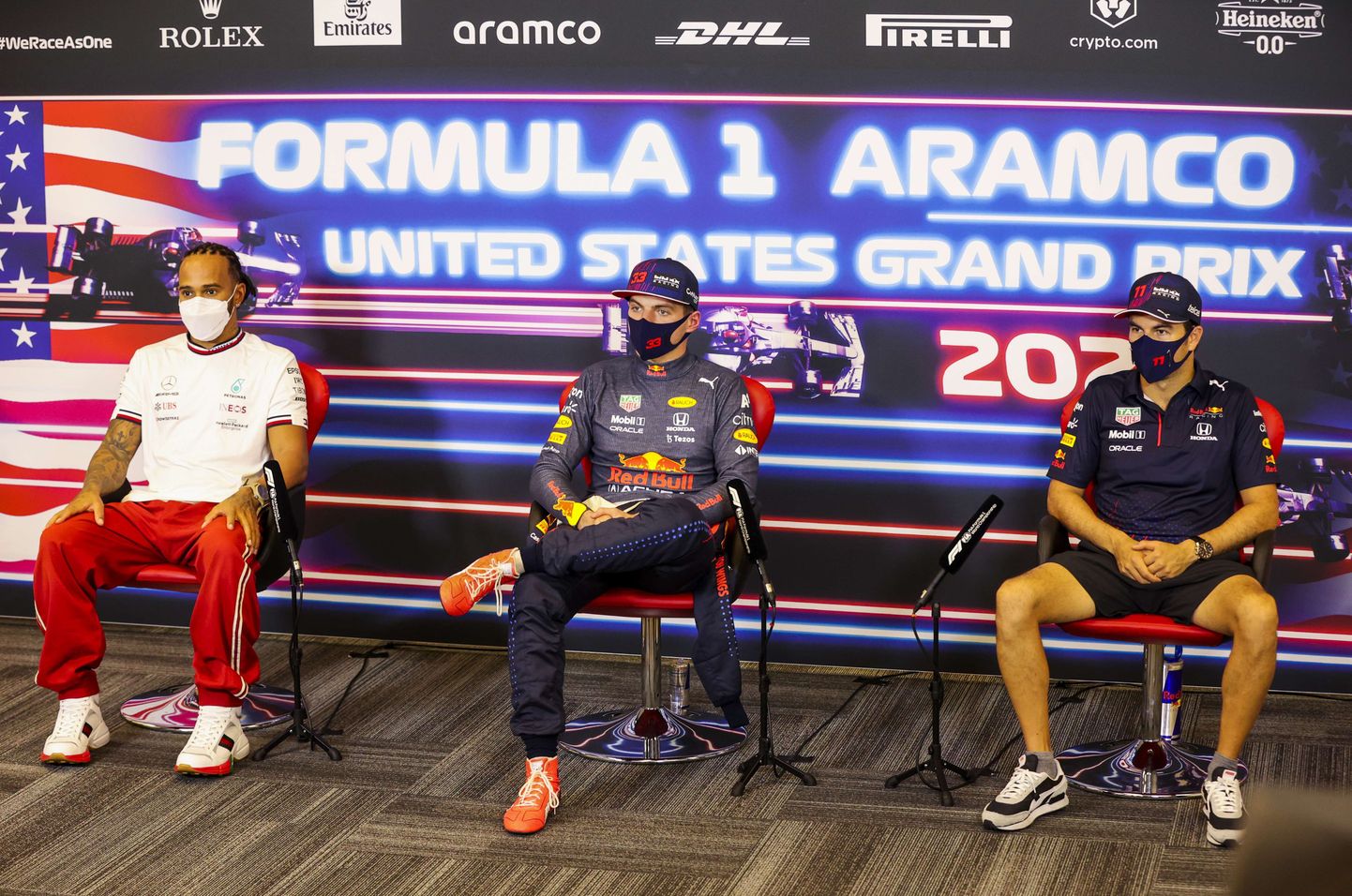 USA GP kvalifikatsiooni esikolmik, vasakult: Lewis Hamilton, Max Verstappen, Sergio Perez.