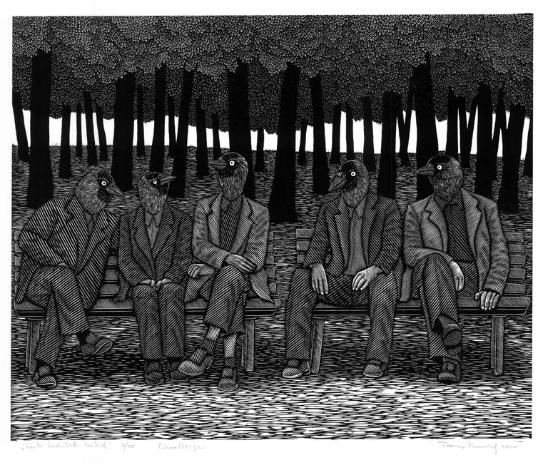 Toomas Kuusing, «Tartu kodutud hakid», 45 x 55 cm, linoollõige, 2020.
