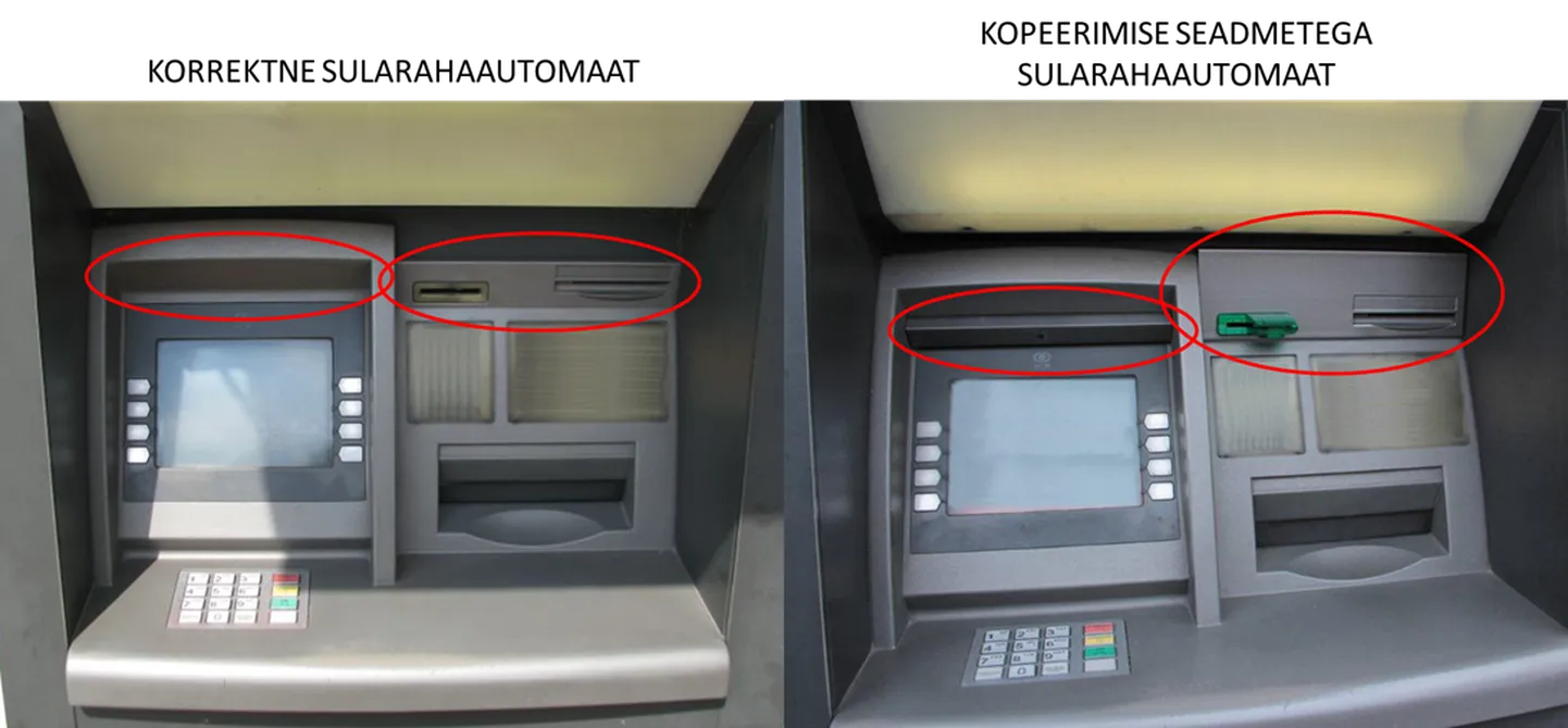 Pildil vasakul korrektne pangaautomaat, paremal kopeerimisseadmega varustatud rahamasin, millel ekraani kohal pisike auk kaameraläätse jaoks.