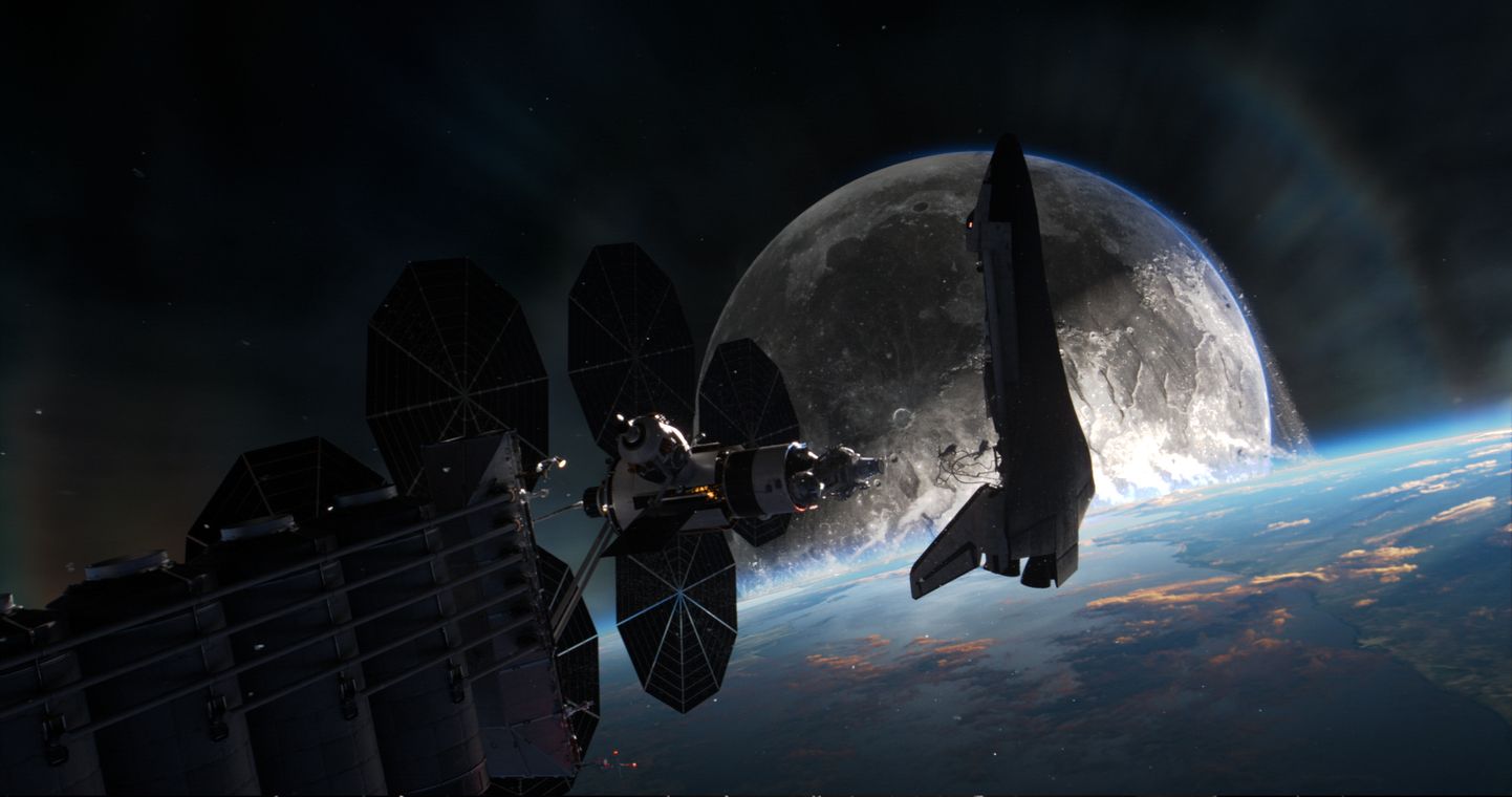 Kaader filmist «Moonfall», milles salapärane kosmiline jõud tõukab Kuu orbiidilt välja ja paneb selle Maa suunas liikuma