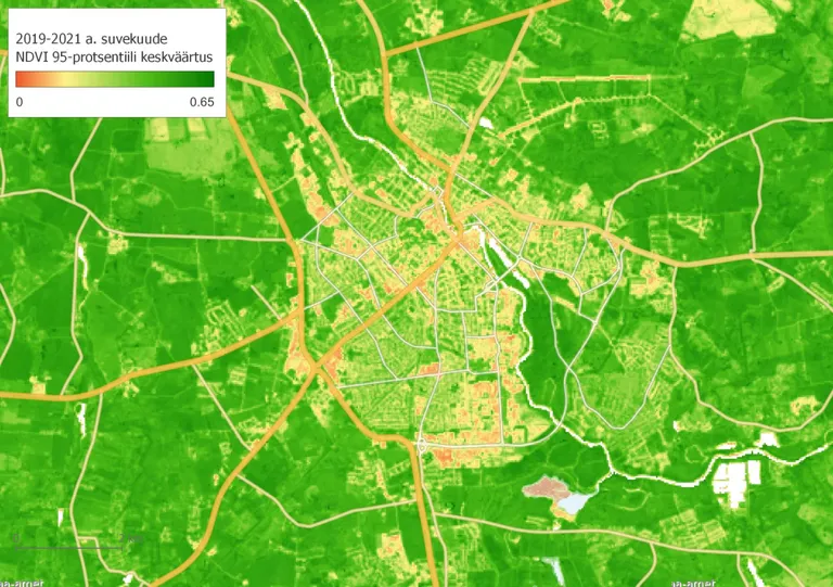 NDVI 95-protsentiili keskväärtus Tartus keskmiselt aastate 2019–2021 suvekuudel.