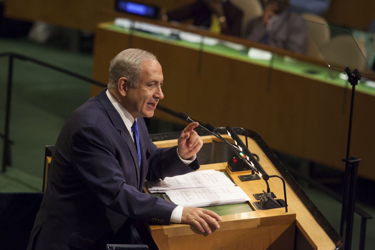 Iisraeli peaminister Benjamin Netanyahu ÜRO Peaassambleel kõnet pidamas.