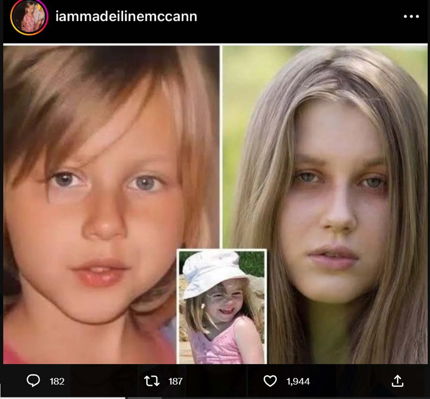 Keskel Madeleine McCann ja kahel suurel pildil Julia Wendell erinevas vanuses.