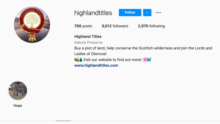 Highland Titles продает участки земли в Шотландии вместе с титулами. Компания была зарегистрирована в Эстонии в 2020 году. У компании почти 10 000 подписчиков в Instagram.