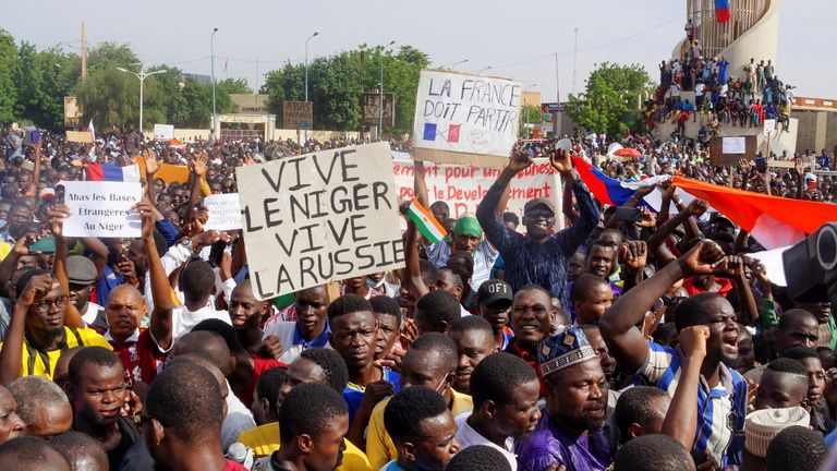 На транспаранте написано: "Да здравствует Нигер, да здравствует Россия"