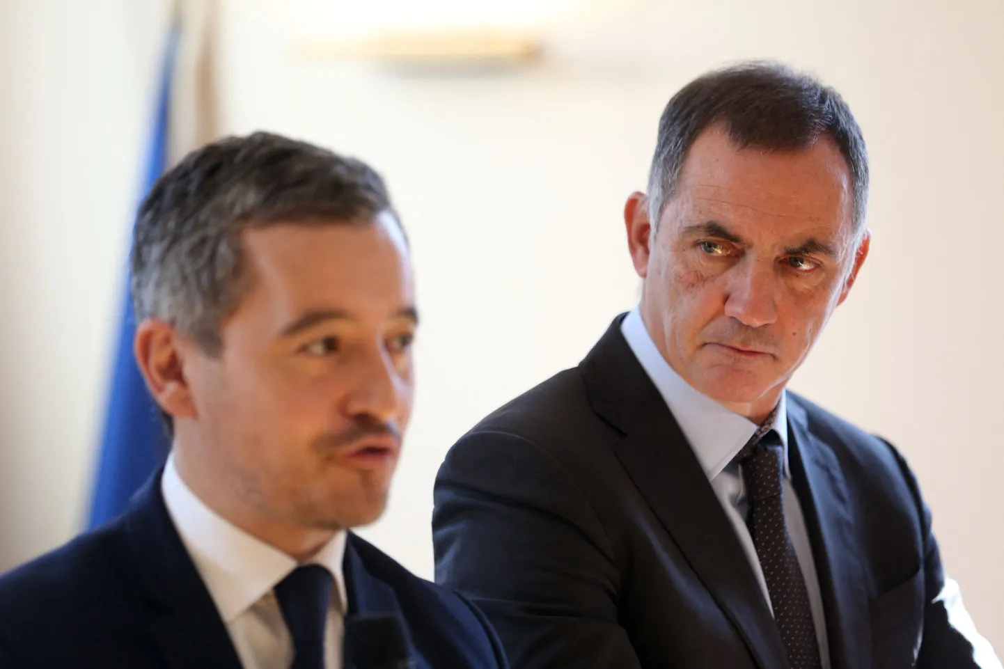 Prantsuse siseminister Gerald Darmanin ja Korsika täitevnõukogu president Gilles Simeoni 19. veebruaril 2023 Cortes.