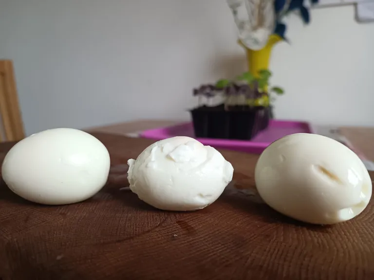 Tavalisel moel kooritud muna (vasakult), esimene katsetus ja veidi parem teine katse.