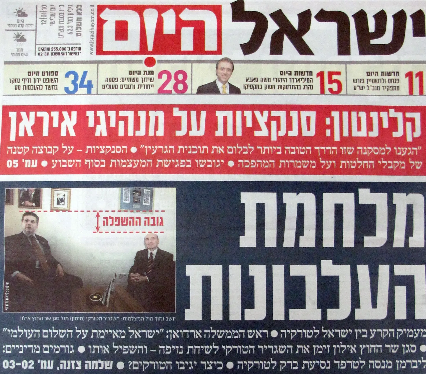 Израильская газета "Израэль хайом" опубликовала материал о встрече посла Турции и министра иностранных дел Израиля. Ремарка около красного пунктира на фото гласит: "Уровень унижения".