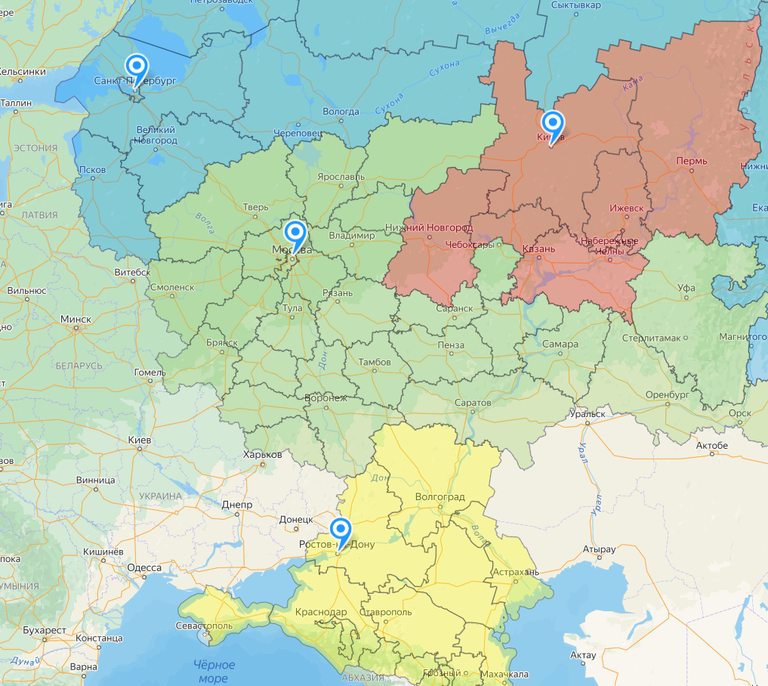 Kontserni Weinig müügipiirkondade kaart Venemaal. Lõunapiirkonna osa on kaardil ka 2014. aastal annekteeritud Krimm.