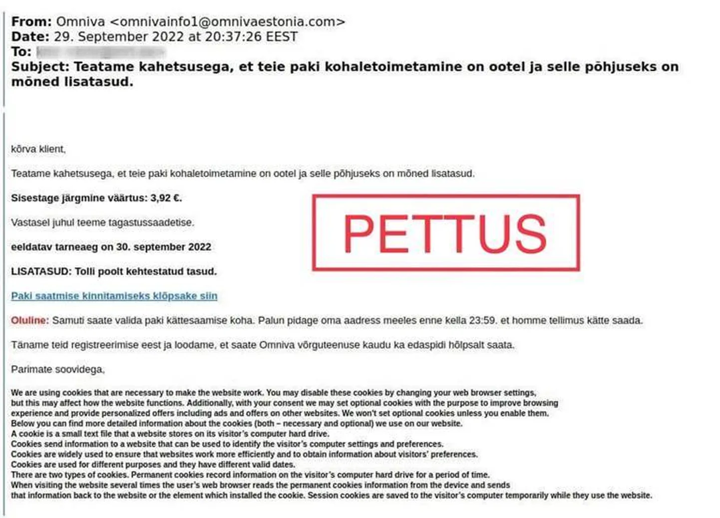 Petised üritavad Omniva nimel saadetud kirjaga petta inimestelt välja pangakaardi andmeid.