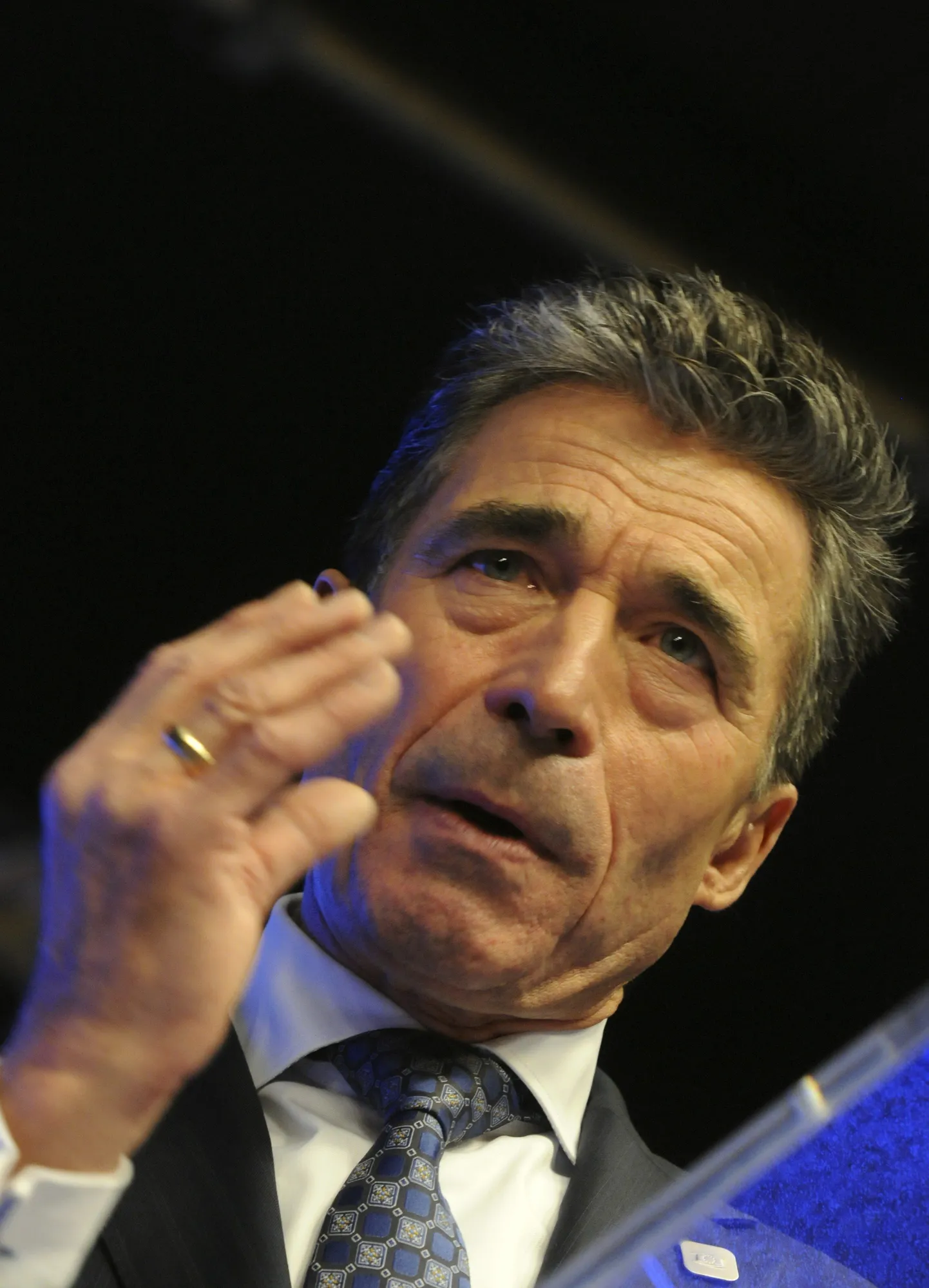Secretary-General of The North Atlantic Treaty Organization ( NATO) Anders Fogh Rasmussen gives a press conference during an EU summit focused on the common security, Defence policy and Economic and Monetary union, in Brussels on December 19, 2013. The European Union took a historic leap towards greater integration just hours ahead of a summit today, with a deal on a banking union to prevent a re-run of the eurozone's recent crisis.         AFP PHOTO / THIERRY CHARLIER