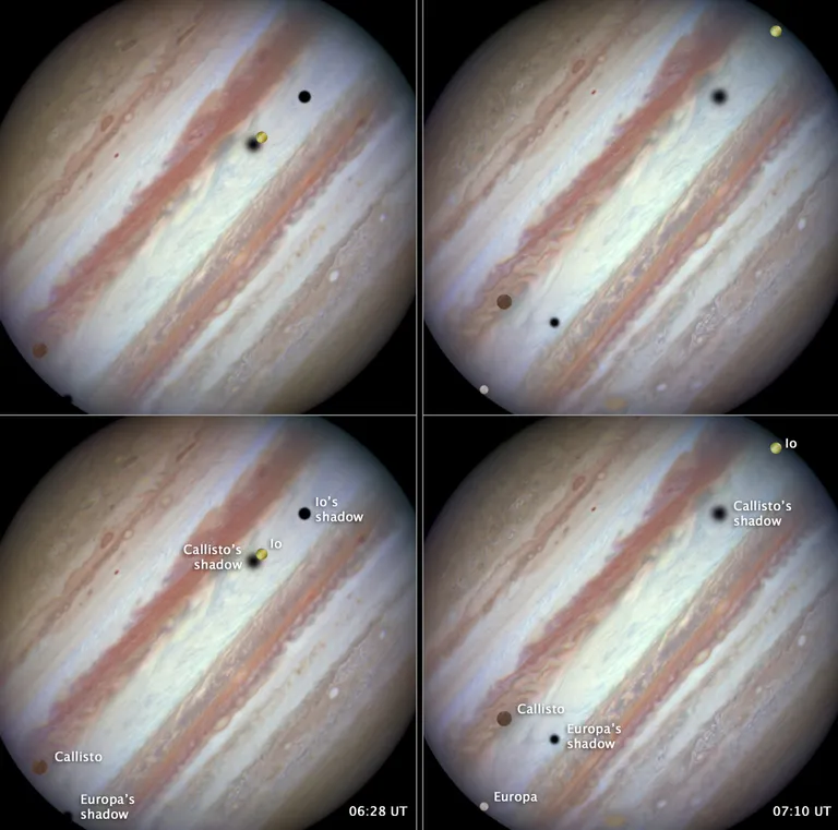 Pildikombinatsioon, millel on näha Jupiteri suurimate kuude varje
