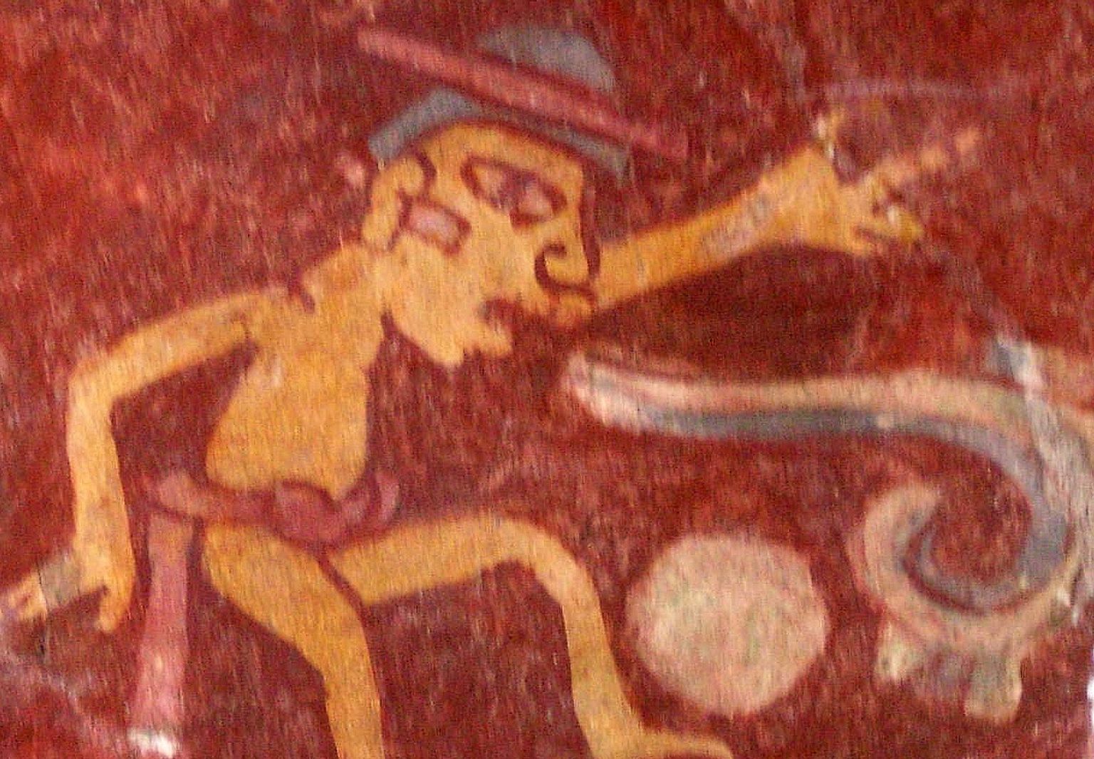 Väike detail seinamaali reproduktsioonist Teotihuacanis. Maalil on ka näide n-ö kõnerullist, mis sümboliseerib inimkeelt. Seinamaal on pärit umbes 2. sajandist.