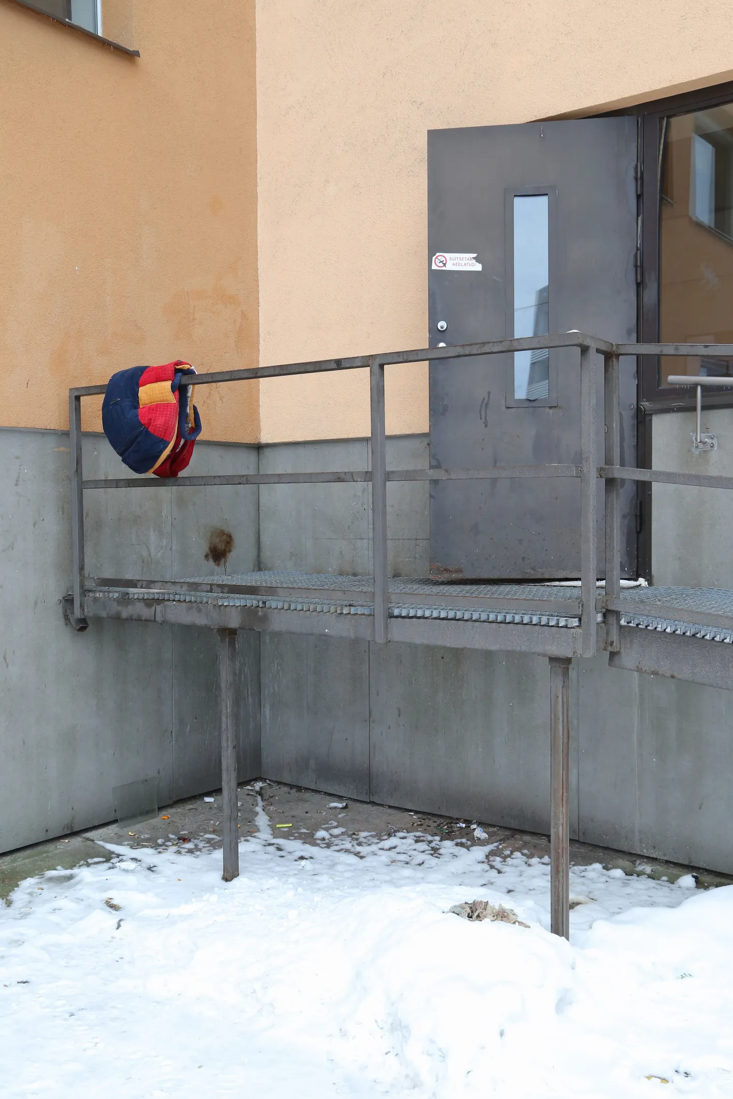 Rahu 15 maja ukseesine, mis on sel talvel olnud jalutu Ennu üks ööbimispaiku.