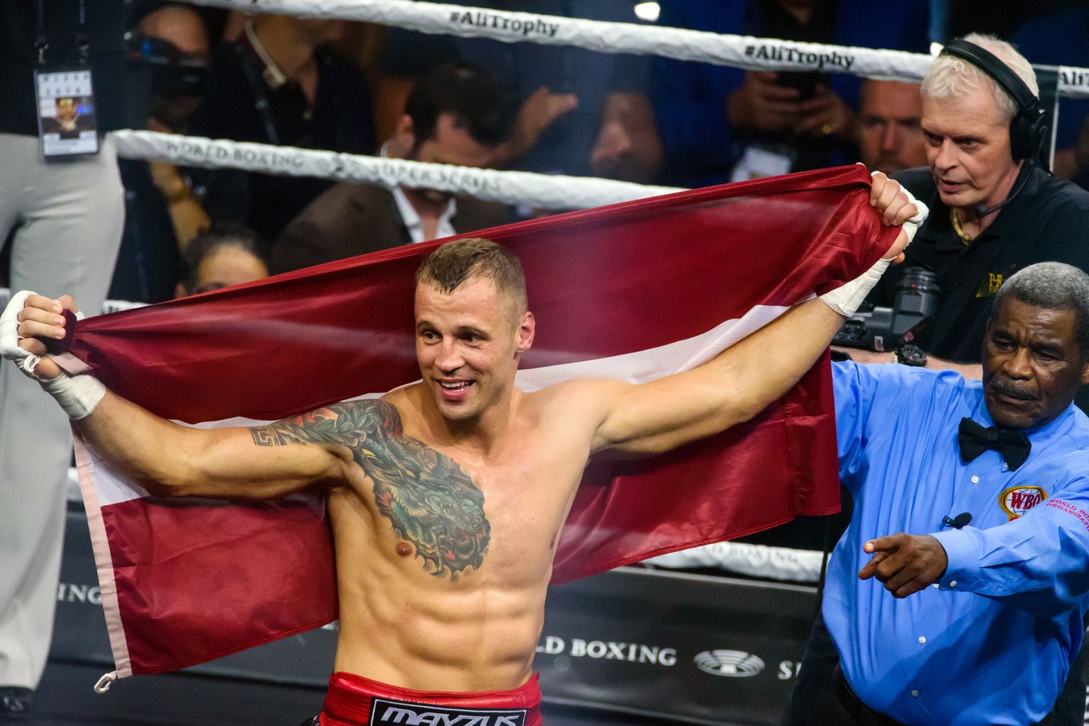 (190616) -- LATVIA, June 16, 2019 (Xinhua) -- Mairis Briedis (L) of Latvia reacts after the World Boxing Super Series cruiserweight division semifinal against Krzysztof Glowacki of Poland, at the Arena Riga in Riga, Latvia, on June 15, 2019. Mairis Briedis  won via knockout. (Xinhua/Edijs Palens) - Edijs Palens -//CHINENOUVELLE_11210145/1906161239/Credit:CHINE NOUVELLE/SIPA/1906161243